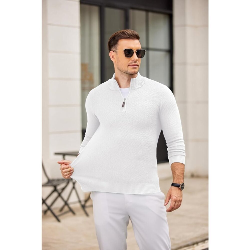 Men's Slim Fit Quarter Zip Pullover Sweater Knit Mock Neck Polo White Sweater - Picture 6 of 6